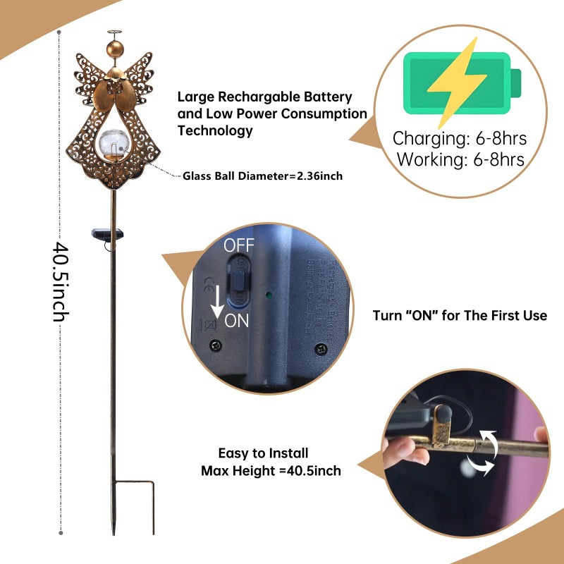 Starryfill Angel Stake Solar Lights with Crackle Glass Globe Waterproof Warm White LED, 40.5 inches Height Metal Bronze Stake Garden Patio Art Decor, Memorial Gift for Mom Women or Friends - Image 5
